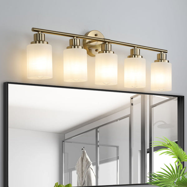 Golden Bathroom Vanity Light Fixture With Frosted Glass Shades