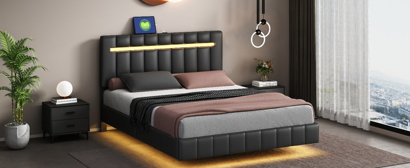 Queen Size Floating Bed Frame with LED Lights