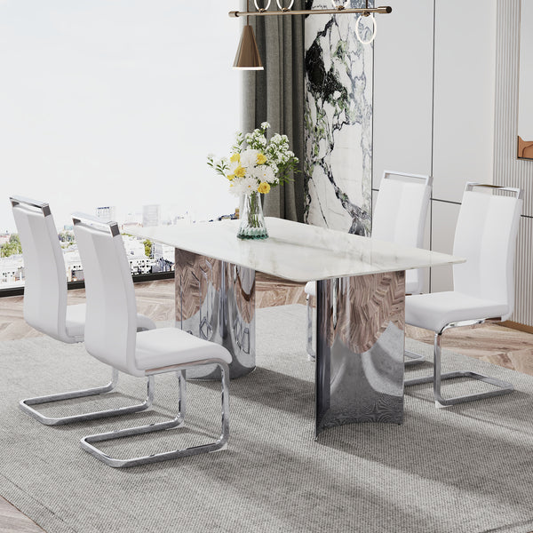 Modern marble dining table with white seats