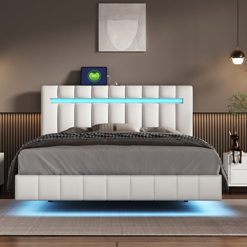 Queen Size Floating Bed Frame with LED Lights