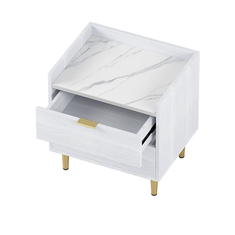 Wooden Nightstand with Marbling Worktop White