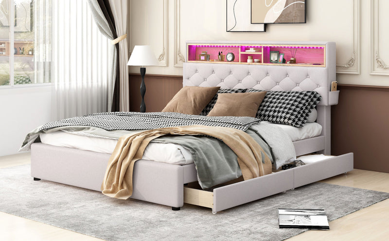 Upholstered Bed with Storage Headboard