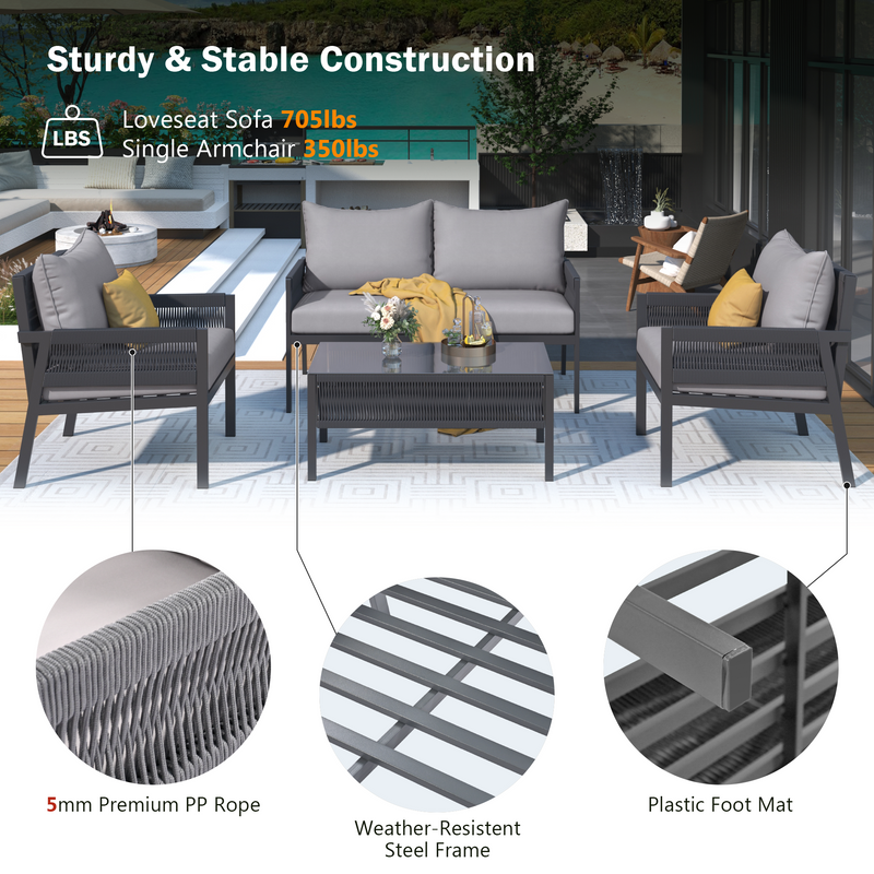 Rope Patio Furniture Set with Tempered Glass Table(Grey)