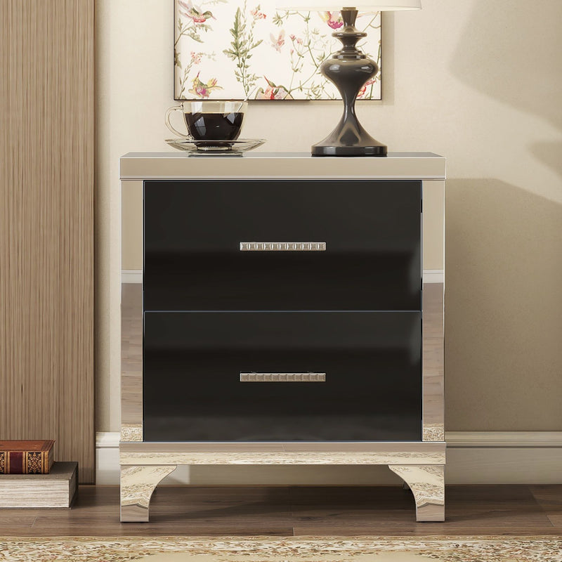 Elegant High Gloss Nightstand with Metal Handle,Mirrored Bedside Table with 2 Drawers for Bedroom,Living Room