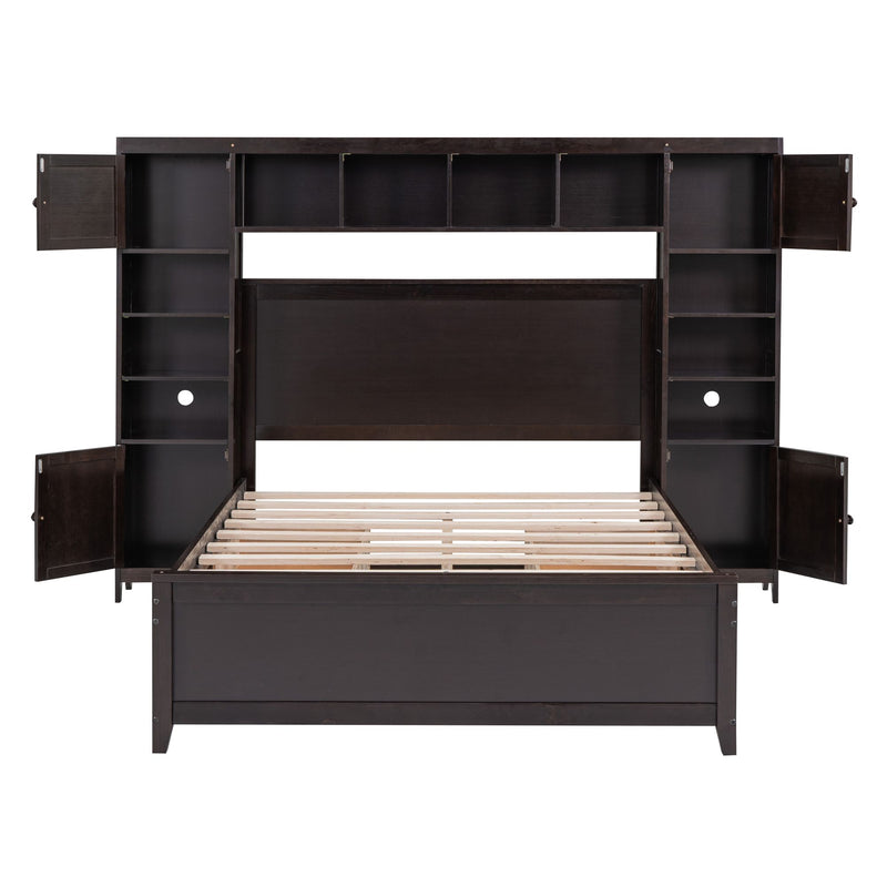 Full Size Wooden Bed With All-in-One Cabinet and Shelf