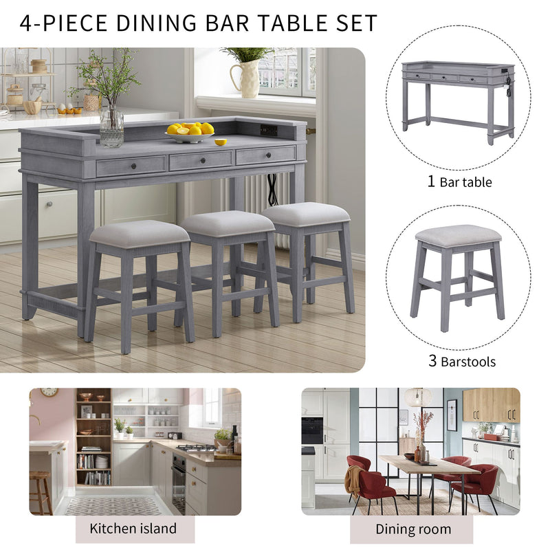 4-piece Dining Bar Table Set with 3 Upholstered Stools