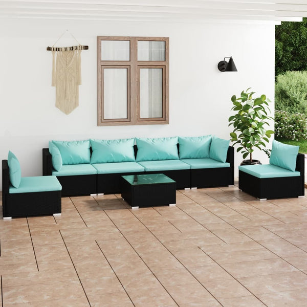 Patio Lounge Set with Cushions Poly Rattan Black