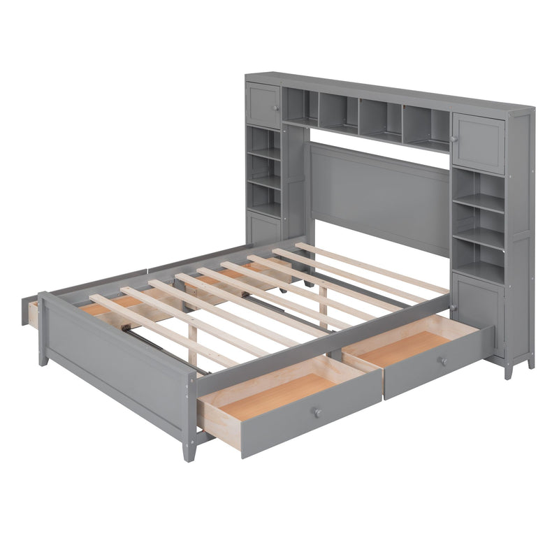 Full Size Wooden Bed With All-in-One Cabinet and Shelf