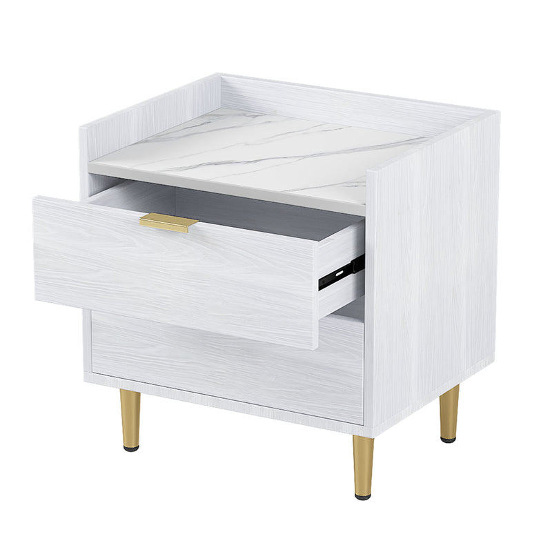 Wooden Nightstand with Marbling Worktop White