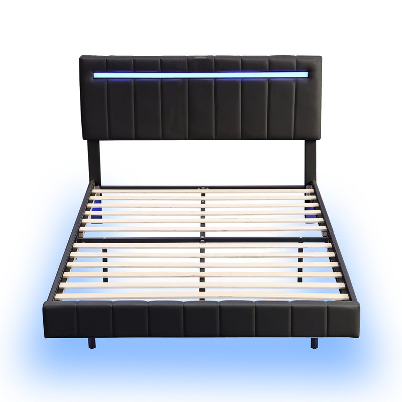 Queen Size Floating Bed Frame with LED Lights