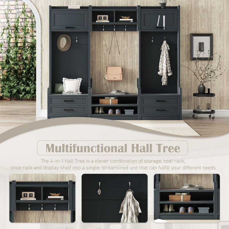 4-in-1 Detachable Hall Tree with Storage Antique Blue Shoe Bench for Entryway Hallway