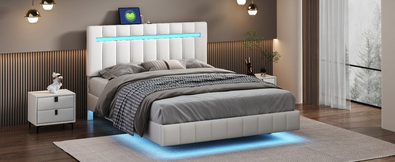 Queen Size Floating Bed Frame with LED Lights