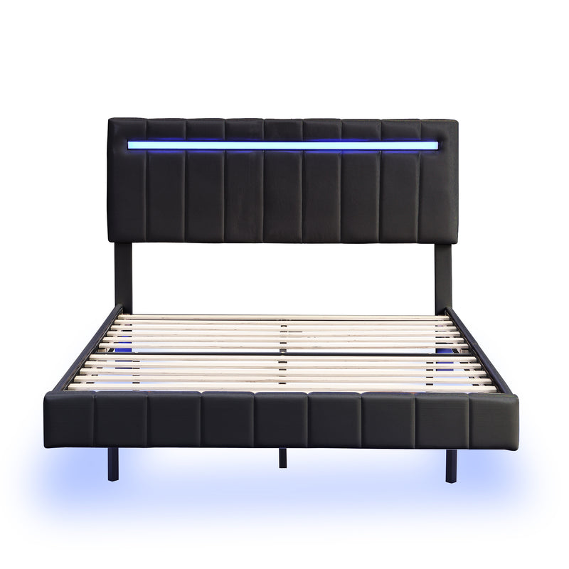 Queen Size Floating Bed Frame with LED Lights