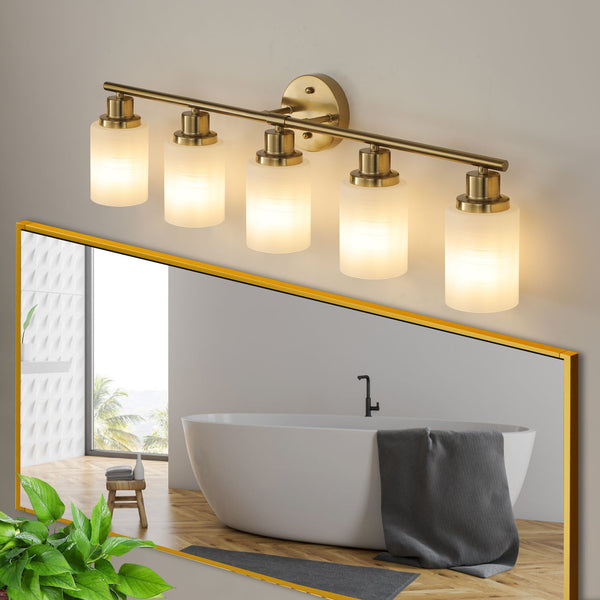 Golden Bathroom Vanity Light Fixture With Frosted Glass Shades