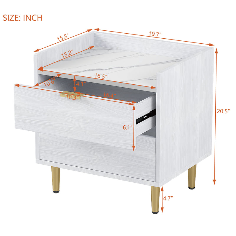 Wooden Nightstand with Marbling Worktop White