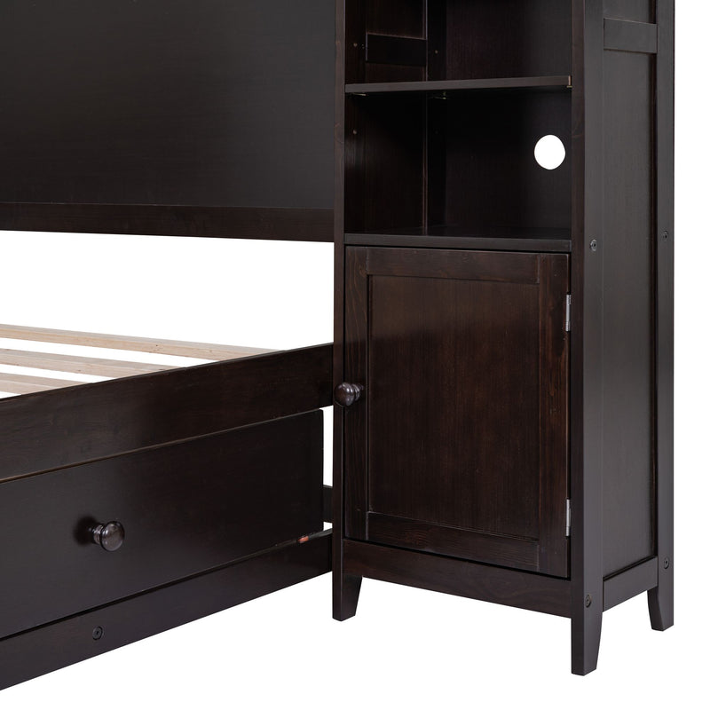 Full Size Wooden Bed With All-in-One Cabinet and Shelf