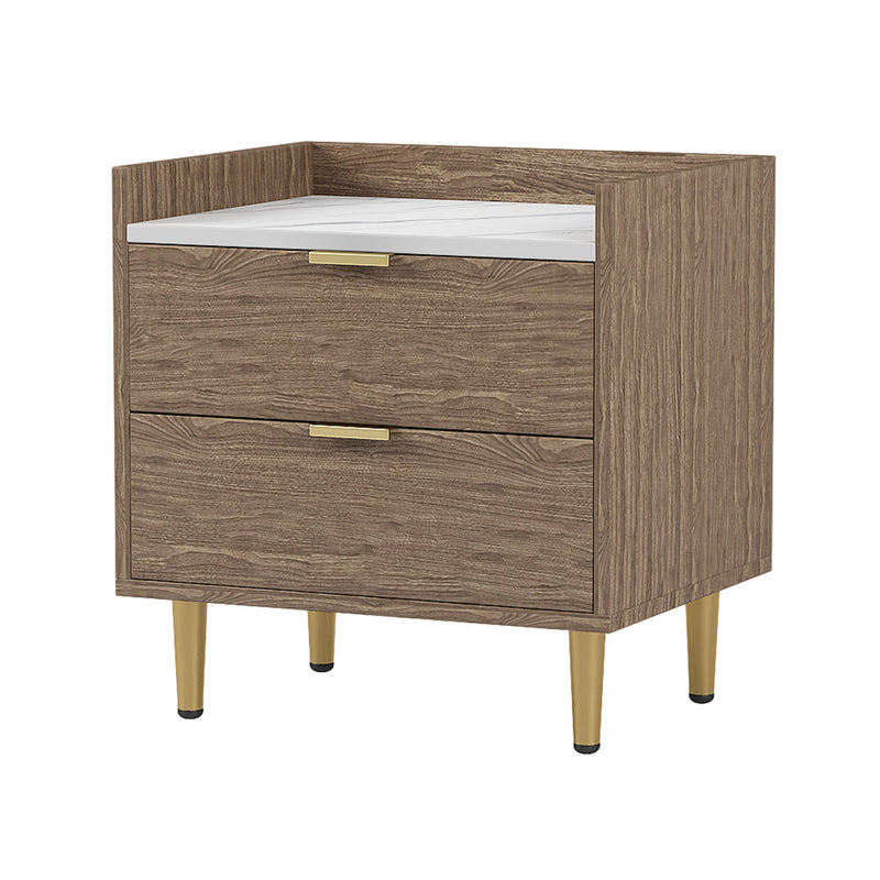 Wooden Nightstand with Marbling Worktop Modern Walnut