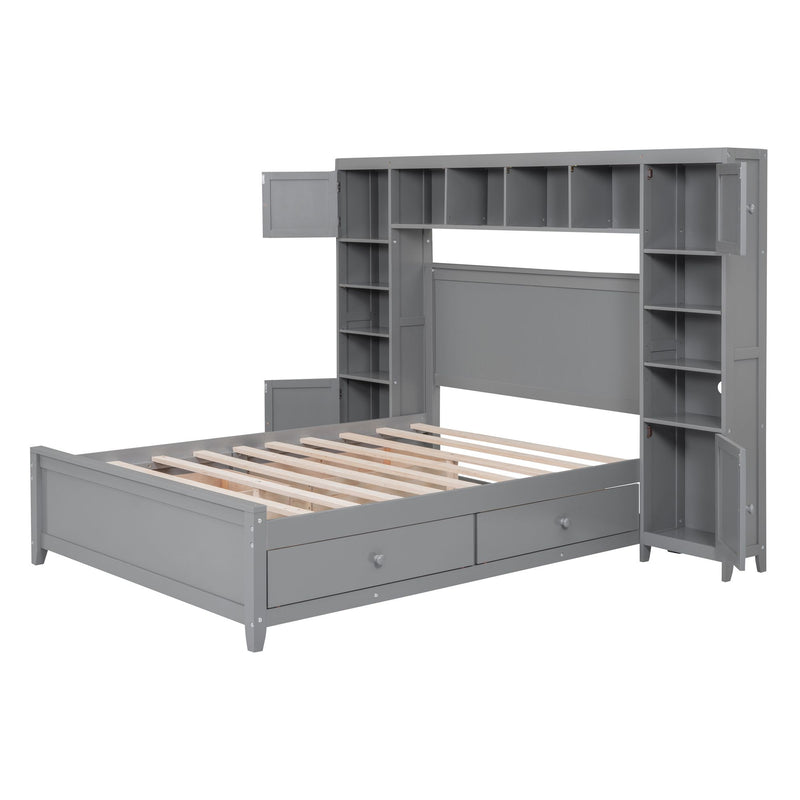 Full Size Wooden Bed With All-in-One Cabinet and Shelf