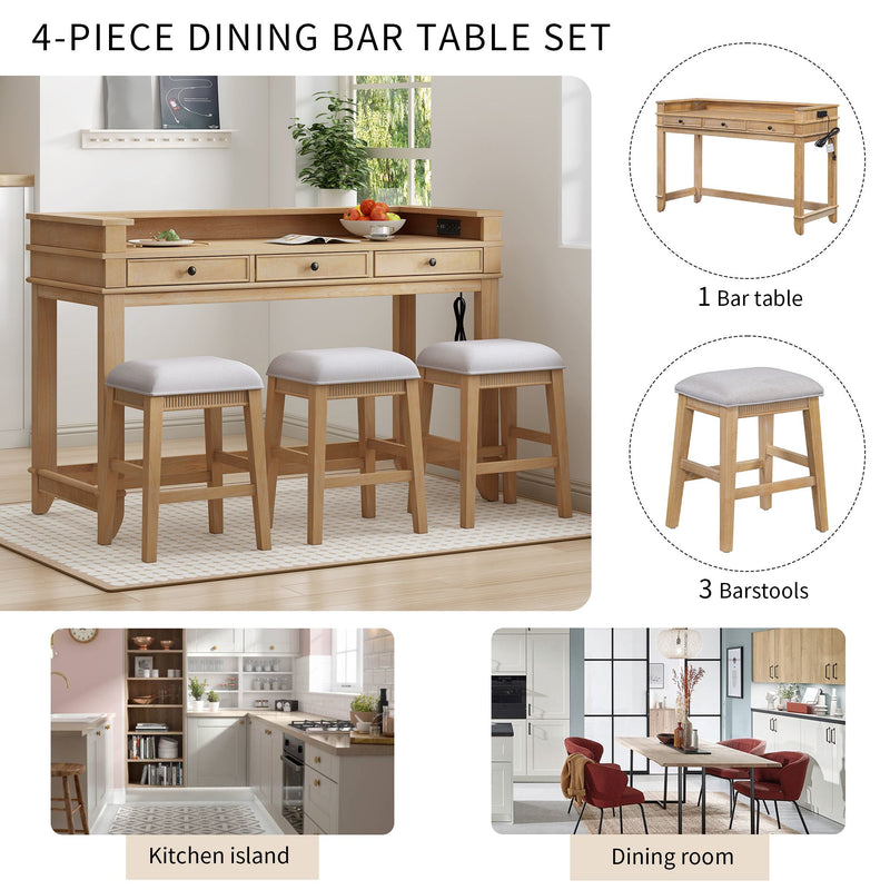 4-piece Dining Bar Table Set with 3 Upholstered Stools