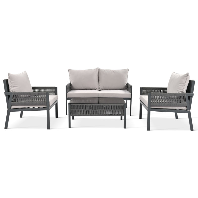 Rope Patio Furniture Set with Tempered Glass Table(Grey)