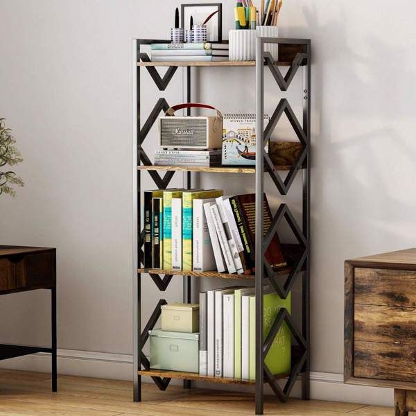 4 Tier Bookshelf For Small Space, Small Metal Bookshelf For Books, Organizers And Storage For Office, Living Room, Bedroom, Rustic Bookshelf, Table