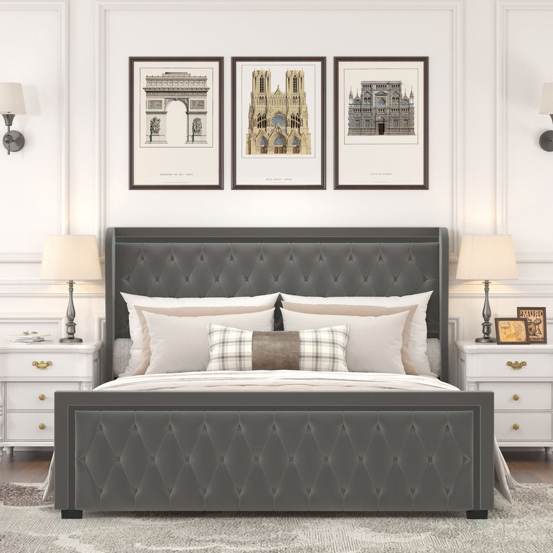 King Platform Bed With Velvet Upholstered