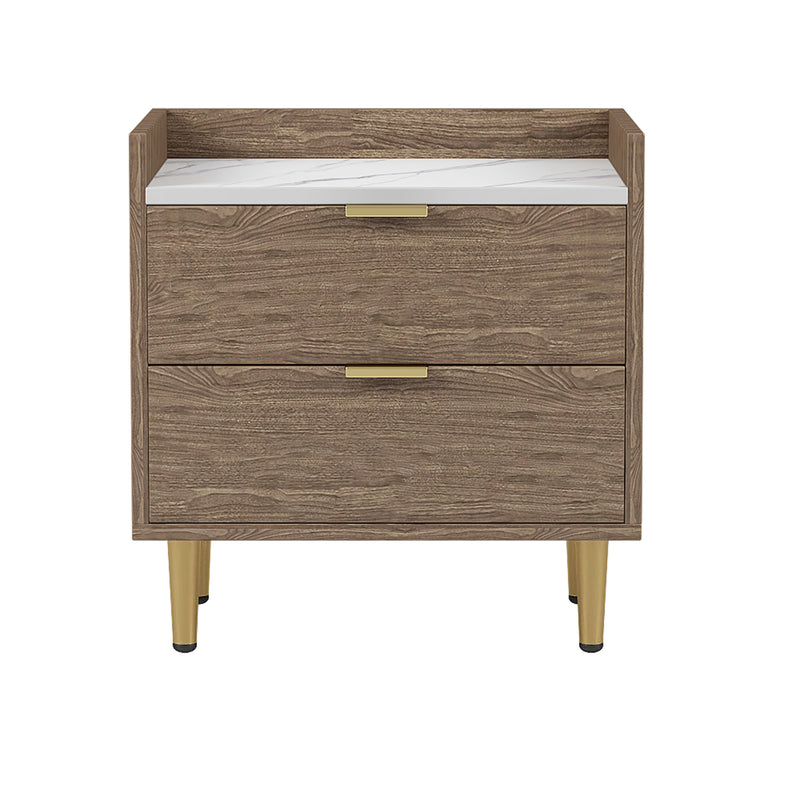 Wooden Nightstand with Marbling Worktop Modern Walnut