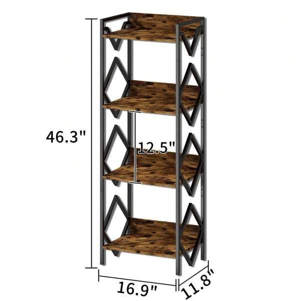 4 Tier Bookshelf For Small Space, Small Metal Bookshelf For Books, Organizers And Storage For Office, Living Room, Bedroom, Rustic Bookshelf, Table