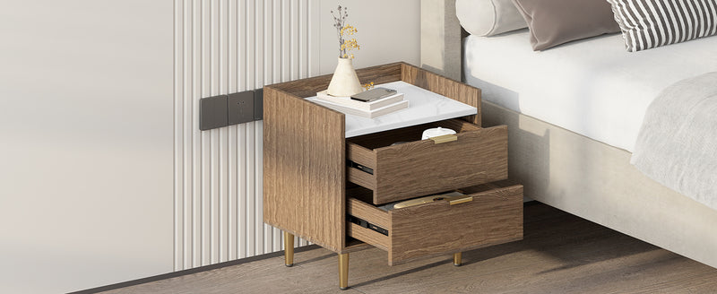 Wooden Nightstand with Marbling Worktop Modern Walnut