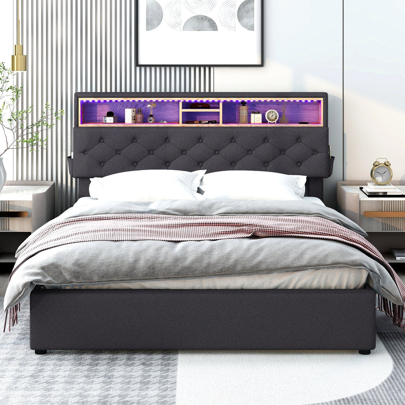 Upholstered Bed with Storage Headboard