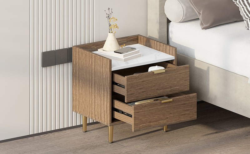 Wooden Nightstand with Marbling Worktop Modern Walnut