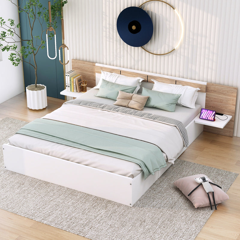 Queen Size Platform Bed with Headboard, Drawers, Shelves, USB Ports and Sockets