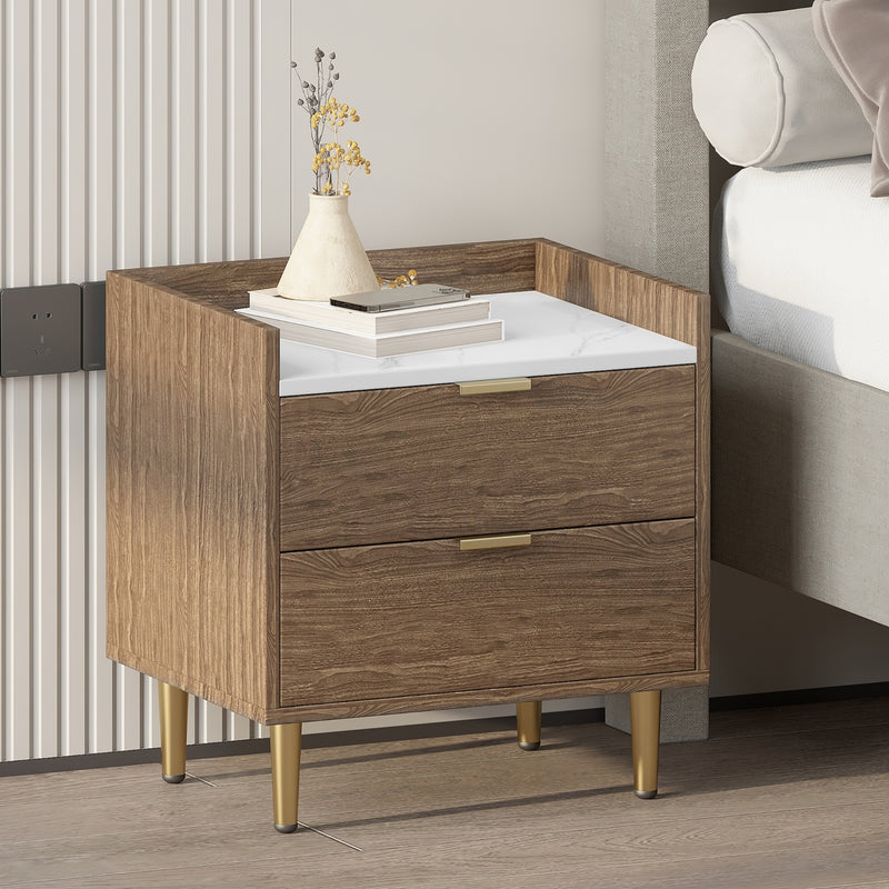 Wooden Nightstand with Marbling Worktop Modern Walnut