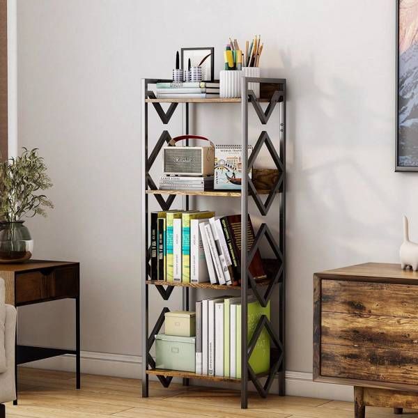 4 Tier Bookshelf For Small Space, Small Metal Bookshelf For Books, Organizers And Storage For Office, Living Room, Bedroom, Rustic Bookshelf, Table