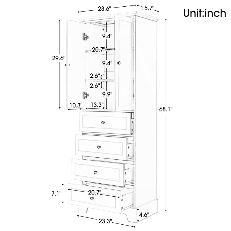 Storage Cabinet with 2 Doors and 4 Drawers for Bathroom