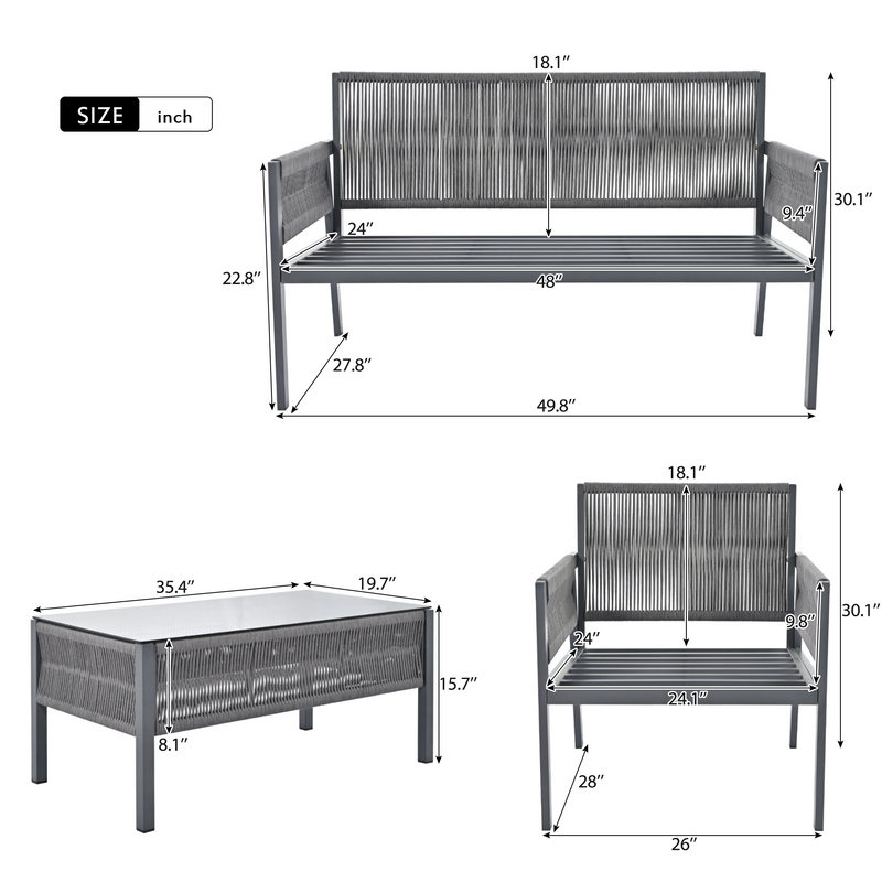 Rope Patio Furniture Set with Tempered Glass Table(Grey)