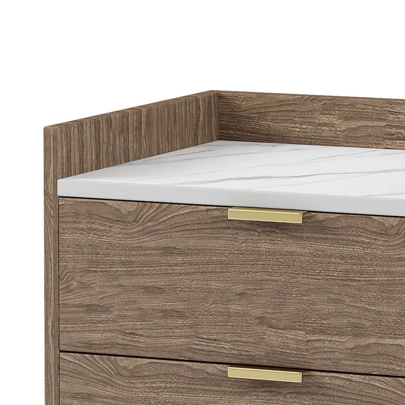 Wooden Nightstand with Marbling Worktop Modern Walnut